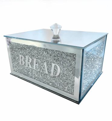 Brödbox eller brödlåda i silver med lock av spegelglas och texten BREAD på framsidan