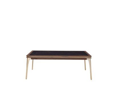 Soffbord med svart, diskret mönstrad, högblank skiva och guldiga bordsben