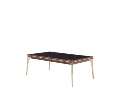 Soffbord med svart, diskret mönstrad, högblank skiva och guldiga bordsben